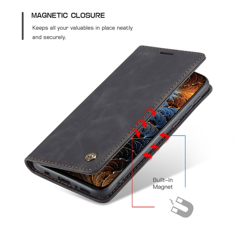 Black leather wallet phone case with magnetic closure and built-in magnet detail