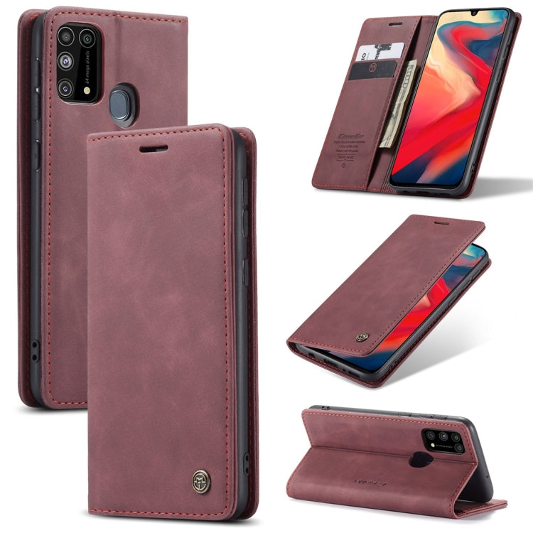 Wine red leather flip phone case with card slot and stand, stitched folio design
