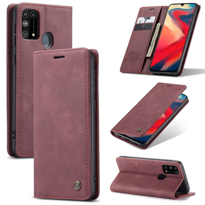 Wine red leather flip phone case with card slot and stand, stitched folio design