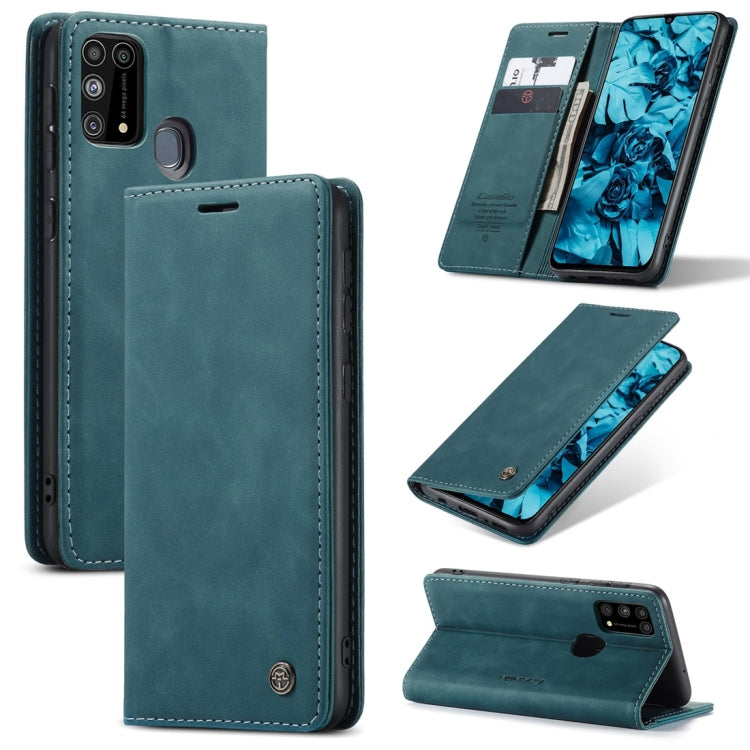 Teal blue leather flip phone case with card slot and stand, stitched folio cover