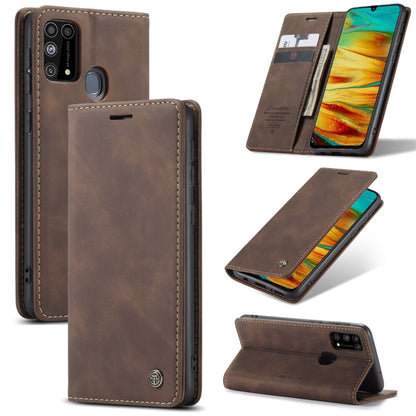 Brown leather flip phone case with card slot and stand, stitched wallet folio