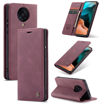 Wine red leather flip phone case with card slot and stand, horizontal magnetic closure