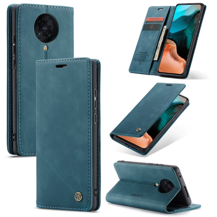 Teal blue leather flip phone case with card slot, horizontal flip and stand view