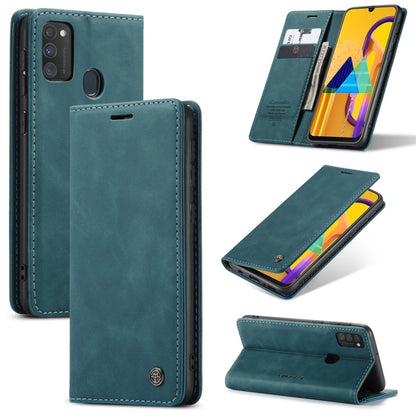 Teal blue leather flip phone case with card slot and stand, wallet-style folio