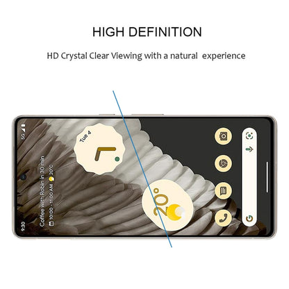 Clear tempered glass screen protector on phone display with full coverage.