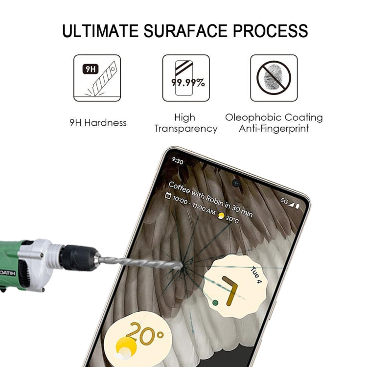 Tempered glass screen protector with 9H hardness and anti-fingerprint coating.