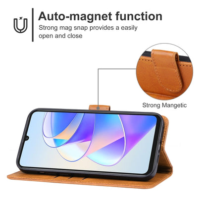 Brown leather folio phone case holding a phone in landscape view