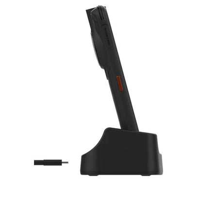 Black desktop charging dock with side charging connector and small orange indicator