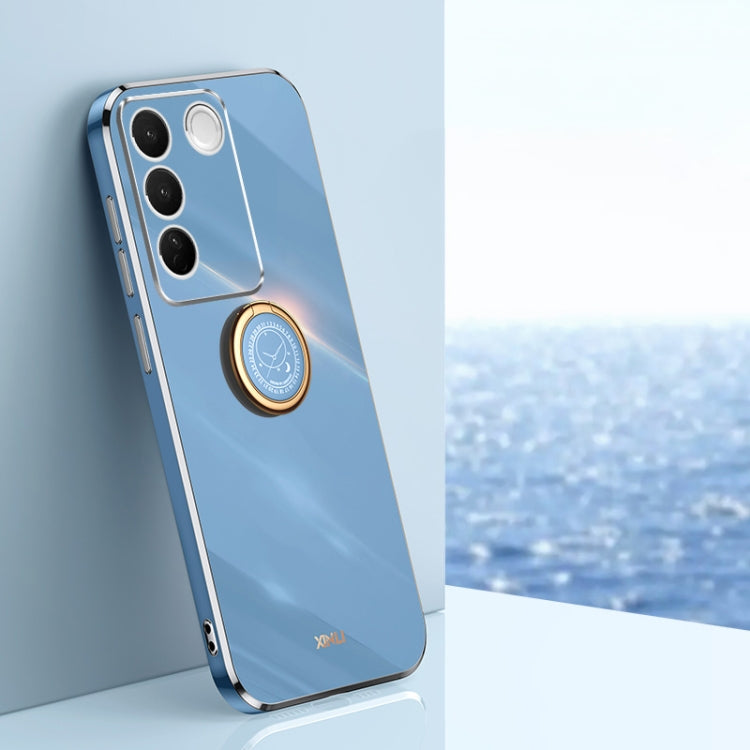 Light blue TPU phone case with electroplated ring holder, camera cutouts, slim straight edges