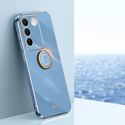 Light blue TPU phone case with electroplated ring holder, camera cutouts, slim straight edges