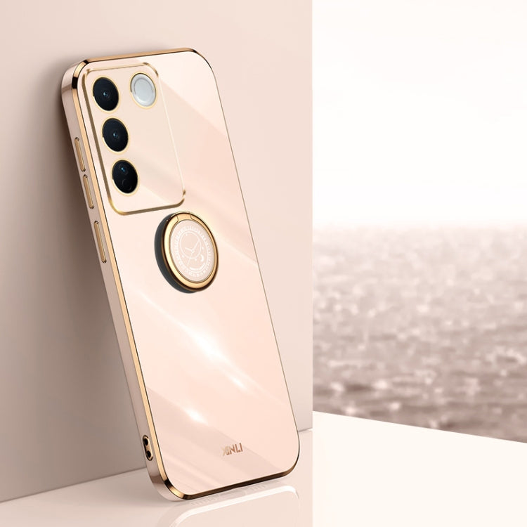 Light pink TPU phone case with electroplated ring holder, camera cutouts, slim straight edges