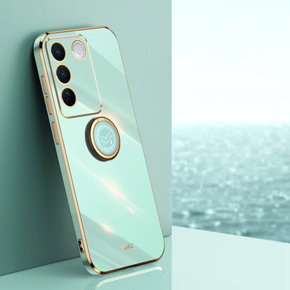 Mint green TPU phone case with electroplated ring holder, camera cutouts, slim straight edges