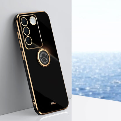 Black TPU phone case with electroplated ring holder and triple camera cutouts, straight edges