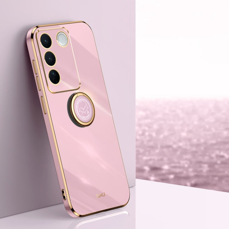 Pink TPU phone case with electroplated ring holder, raised camera frame, slim straight edges