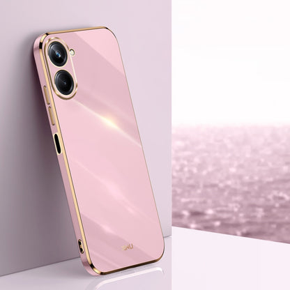 Rose pink TPU phone case with gold electroplated trim and dual camera cutouts.