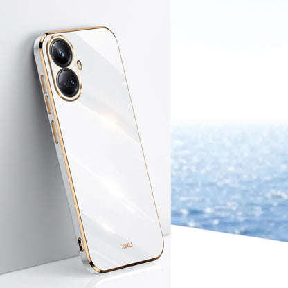 Electroplate TPU phone case, white with dual camera cutouts and gold trim