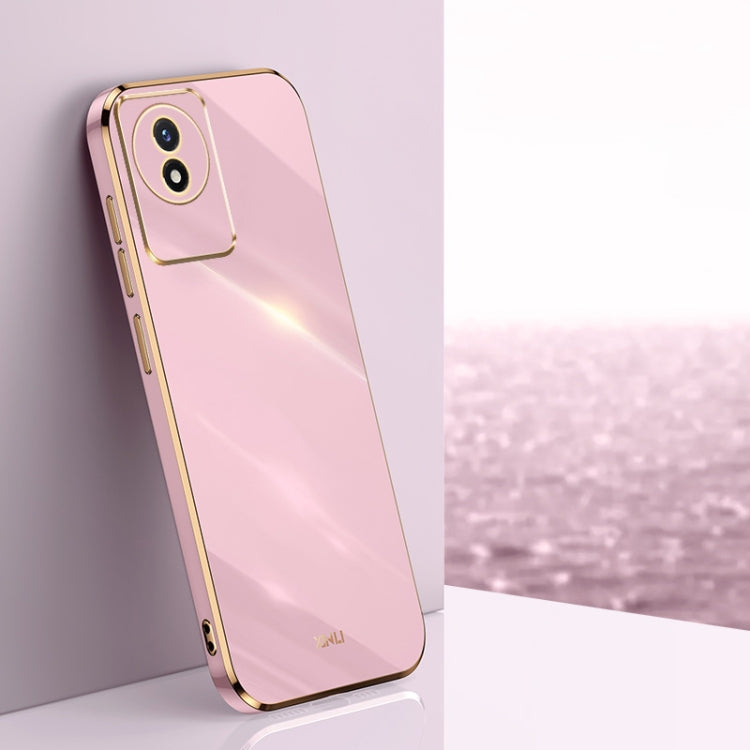 Pink TPU phone case with gold electroplated straight edges and camera cutout