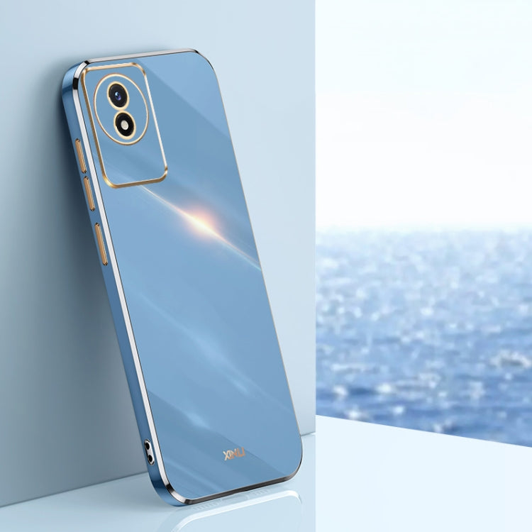 Light blue TPU phone case with gold electroplated straight edges and camera cutout