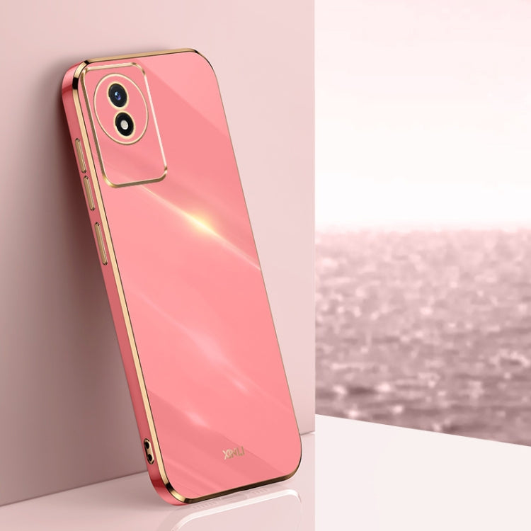 Rose pink TPU phone case with gold electroplated straight edges and camera cutout