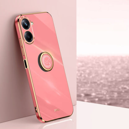 Pink TPU phone case with electroplated gold edges and circular ring holder