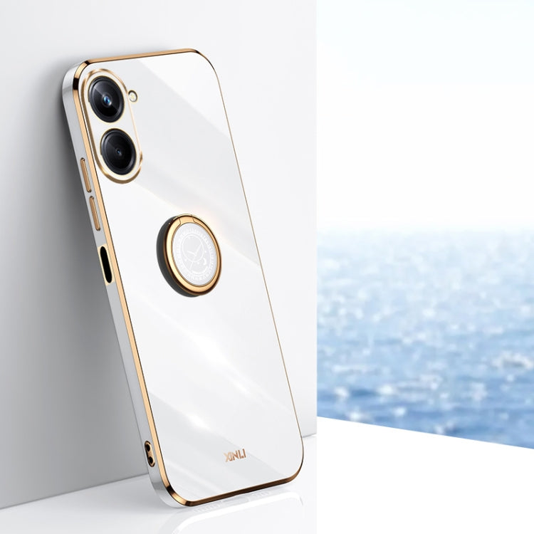 White TPU phone case with electroplated gold edges and circular ring holder