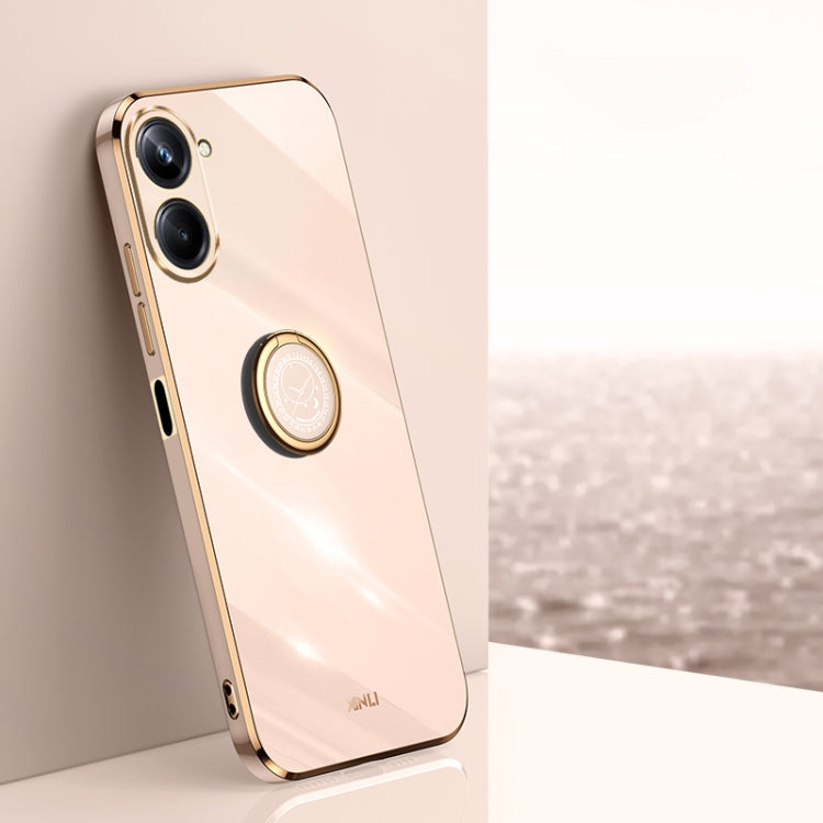Light pink TPU phone case with electroplated gold edges and circular ring holder