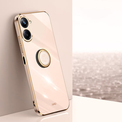 Light pink TPU phone case with electroplated gold edges and circular ring holder