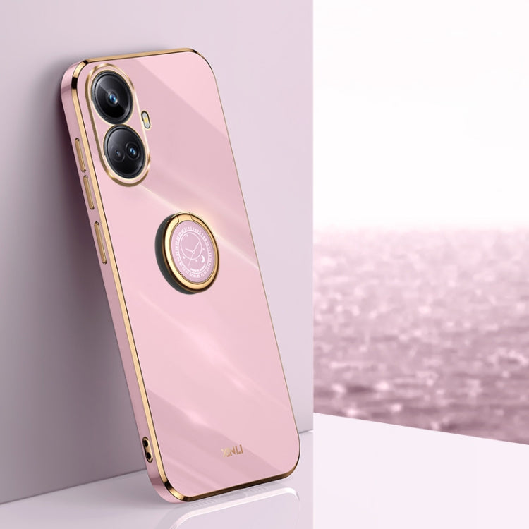 Rose pink TPU phone case with electroplated gold edges and circular ring holder