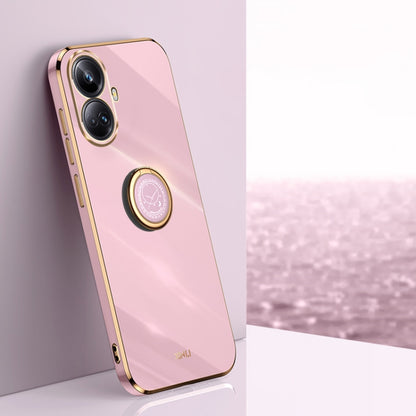 Rose pink TPU phone case with electroplated gold edges and circular ring holder
