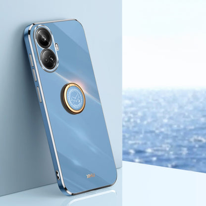 Blue TPU phone case with electroplated gold edges and circular ring holder