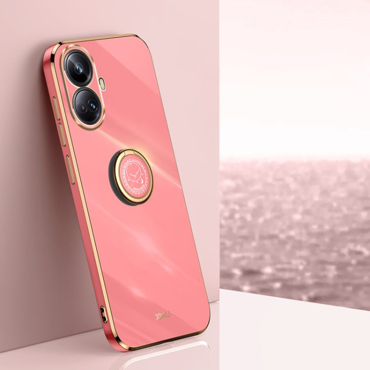 Coral pink TPU phone case with electroplated gold edges and circular ring holder