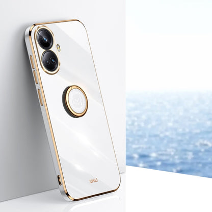 White TPU phone case with electroplated gold edges and circular ring holder