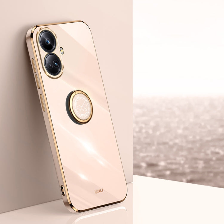Beige pink TPU phone case with electroplated gold edges and circular ring holder