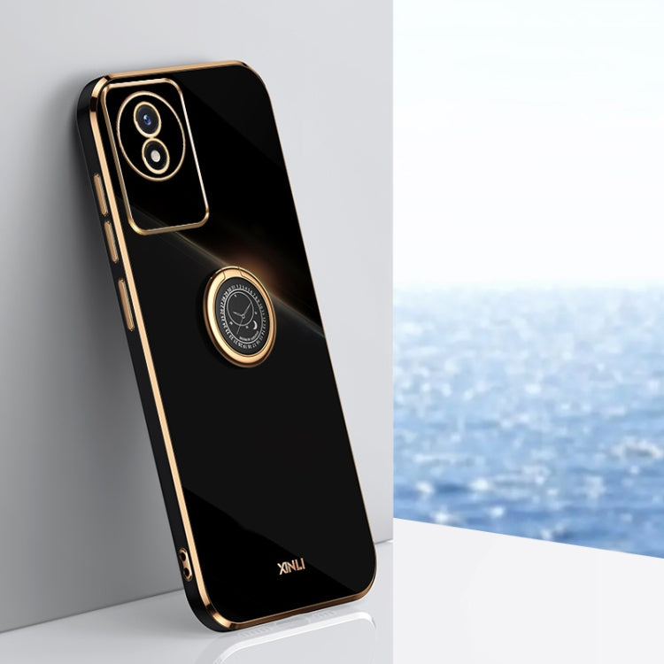 Black TPU phone case with gold trim, electroplate design, and ring holder