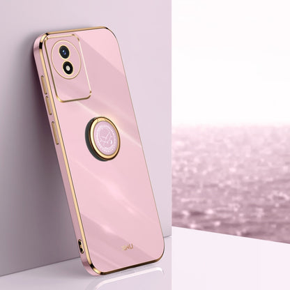 Pink TPU phone case with gold trim, electroplate style, and ring holder