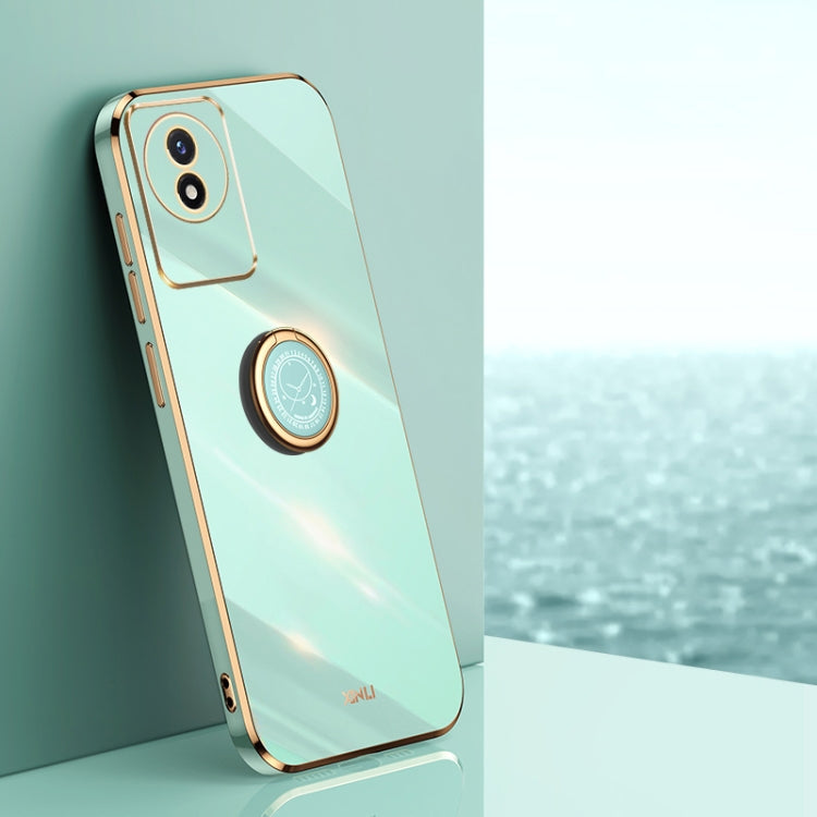 Mint blue TPU phone case with gold trim, electroplate look, and ring holder
