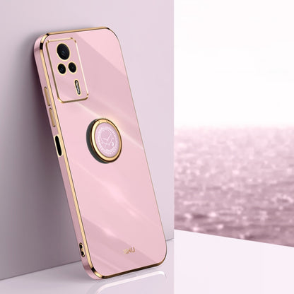 Rose pink straight-edge TPU phone case with electroplate frame and ring holder