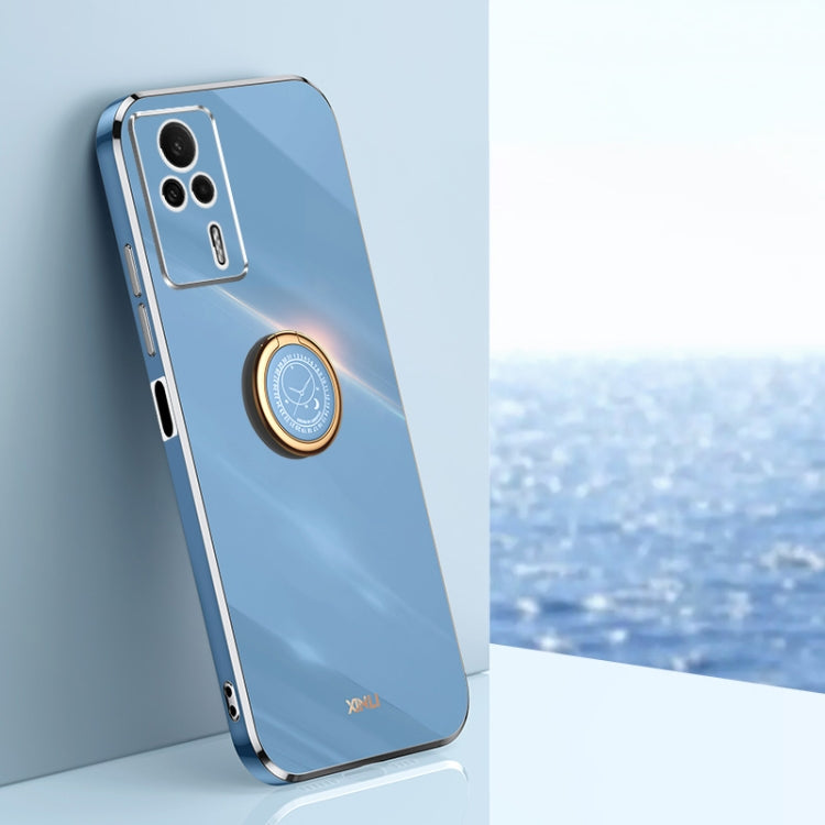Blue straight-edge TPU phone case with electroplate frame and ring holder