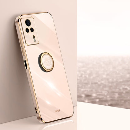 White TPU phone case with gold electroplate ring holder and camera frame accents