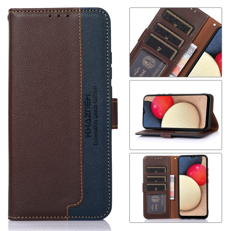 Litchi texture leather RFID phone case, dark brown with navy blue accents