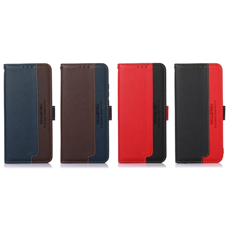 Litchi-texture RFID phone cases in navy, brown, red, and black colors, front view