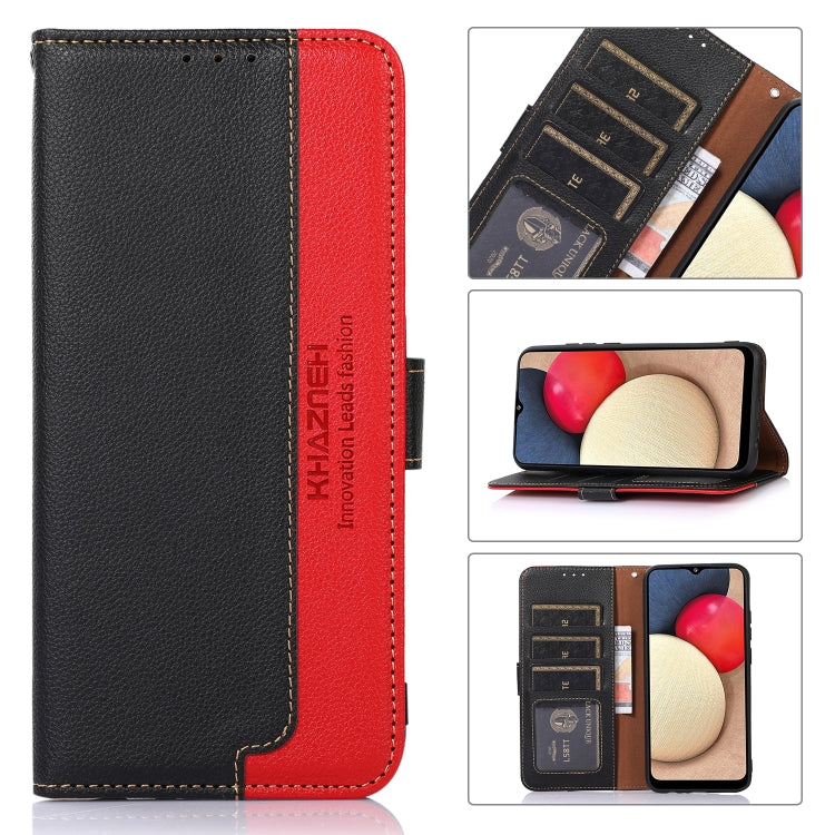Litchi texture leather RFID phone case, black with red accents and card slots