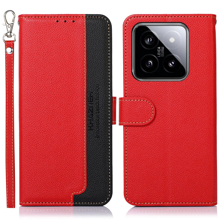 Litchi texture leather RFID phone case, red and black, with camera cutout and wrist strap