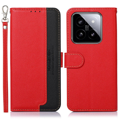 Litchi texture leather RFID phone case, red and black, with camera cutout and wrist strap