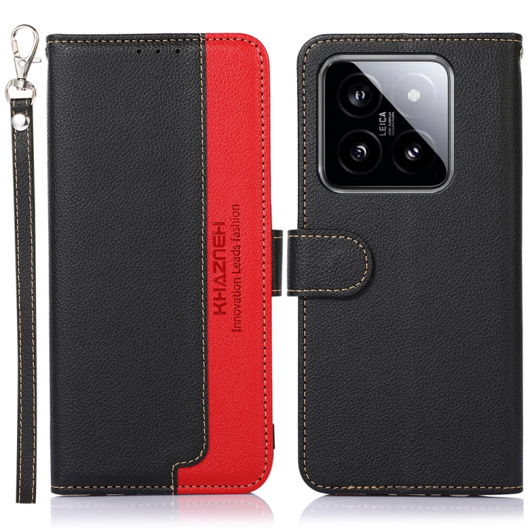 Textured leather RFID phone case with flip cover, black and red, side keystrap
