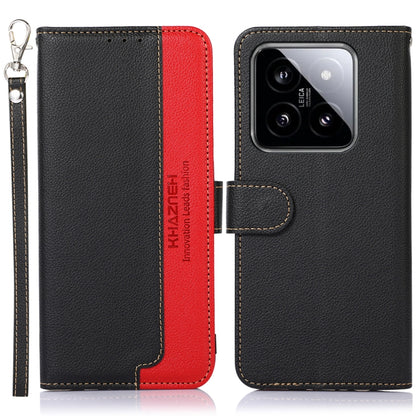 Textured leather RFID phone case with flip cover, black and red, side keystrap