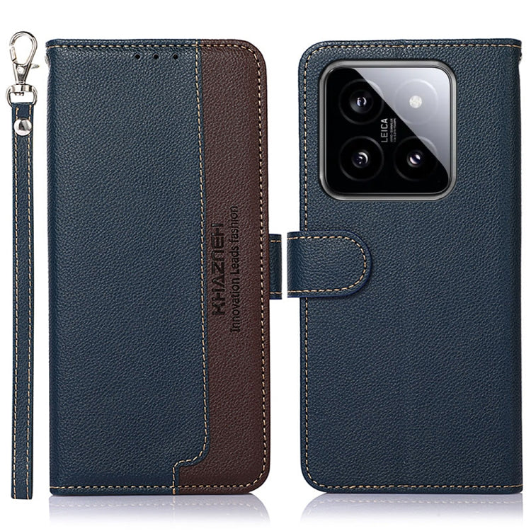 Textured leather RFID phone case with flip cover, blue and brown, side keystrap
