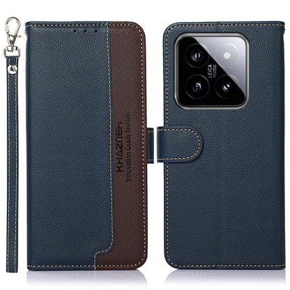 Textured leather RFID phone case with flip cover, blue and brown, side keystrap