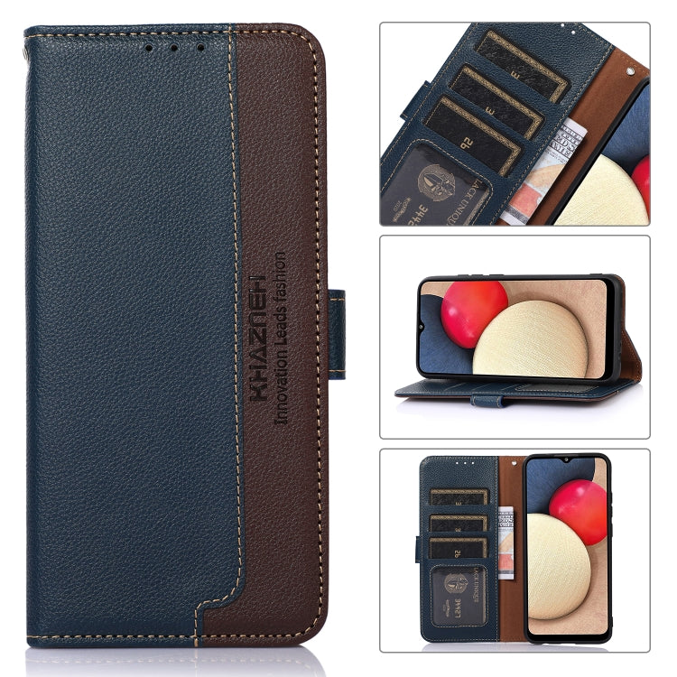 RFID leather phone wallet case with litchi texture, dark blue front and brown back, card slots