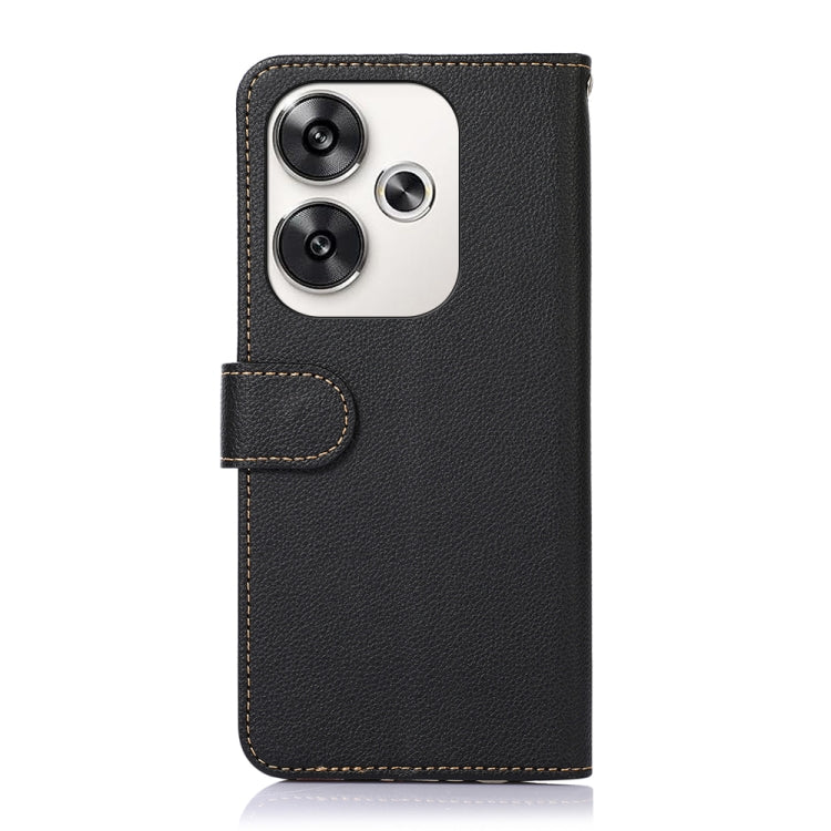 Black litchi-texture leather RFID phone case with camera cutout and side flap